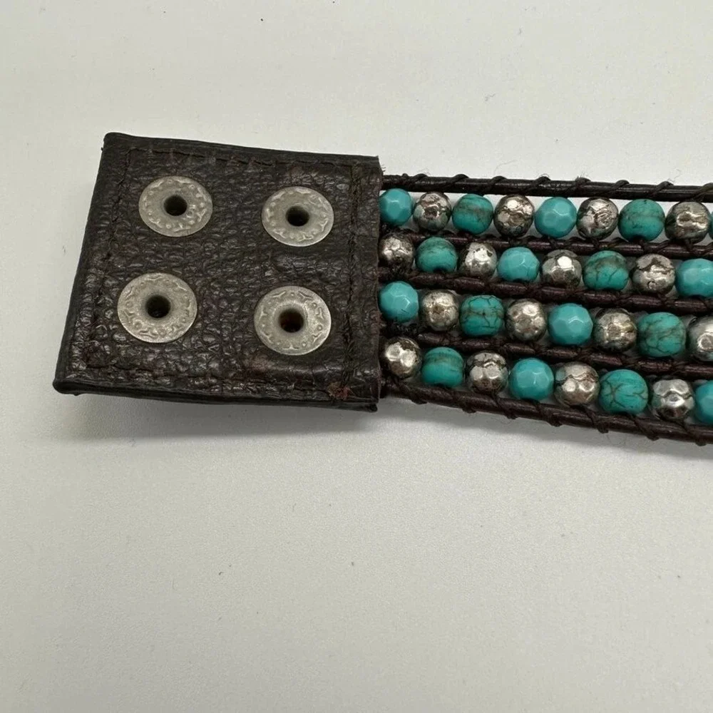 Fik Yung Boho Turquoise‎ Silver Tone Beaded Wrap Bracelet Brown Leather Snap